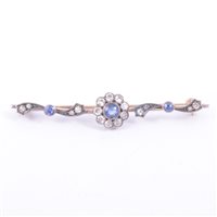 Lot 189 - A sapphire and diamond bar brooch, a central...