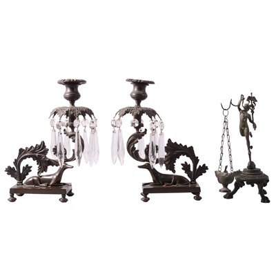 Lot 61 - Pair of Charles X style bronze candlesticks, and a cast metal lamp stand