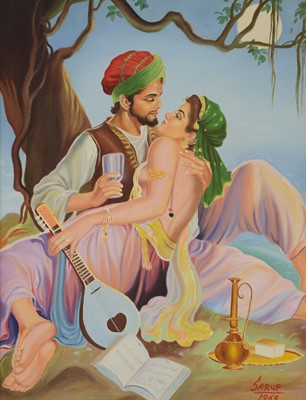Lot 149 - Sarup Singh Dhandia MBE, Lovers inspired by Omar Kayyam, and two other paintings