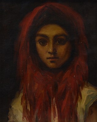 Lot 2 - Continental School, Portrait of a young girl in red head scarf
