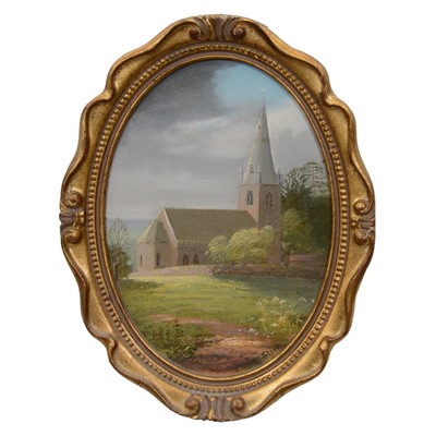 Lot 231 - Spencer Stock, Church with spire, and sheep in a landscape, a pair