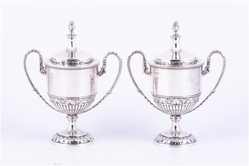 Lot 144 - Pair of Edwardian silver urn-shape sugar vases,...
