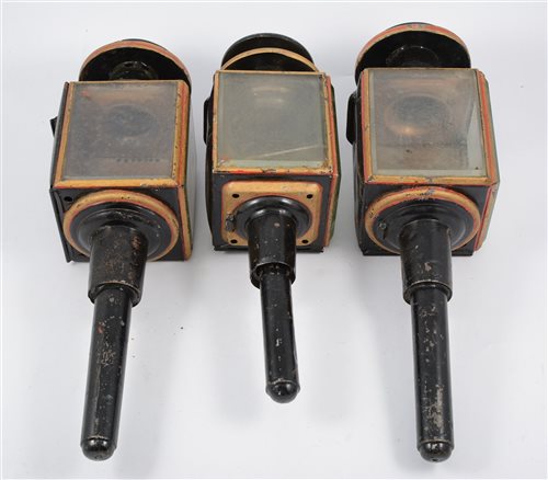 Lot 1052 - Three Victorian coach lamps, 48cm long, with...