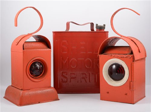 Lot 1051 - Two red painted road lamps and a 1 gallon red '...