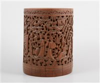 Lot 357 - Chinese carved bamboo brush pot, figures in a...