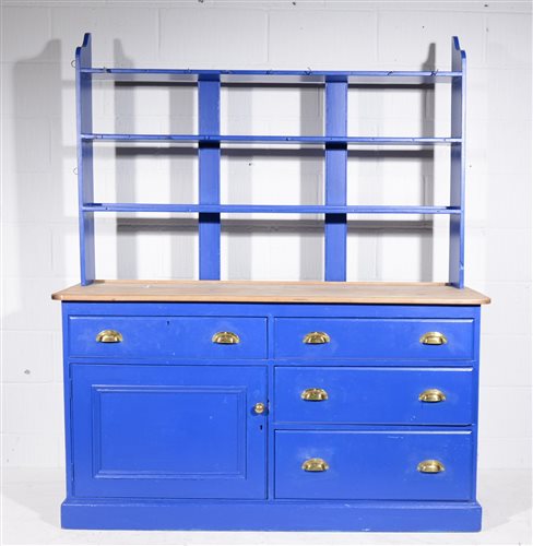 Lot 640 - Blue painted pine kitchen dresser, with a...