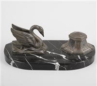 Lot 355 - A pen / desk stand, with patinated metal swan...