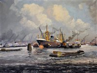 Lot 583 - A signed oil on canvas, ships in a dockyard...