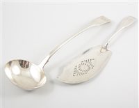 Lot 516 - A William IV silver soup ladle, fiddle pattern...