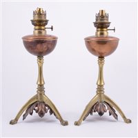 Lot 8 - Pair of Victorian brass and copper oil lamps,...