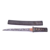 Lot 265 - A Japanese short sword, rusted blade, cloth...