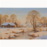 Lot 368 - Edward Hersey, Winter landscape with farm...