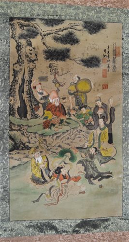 Lot 71 - Chinese scroll, figures by a willow tree,...