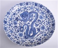 Lot 30 - Chinese blue and white shallow dish, bearing...