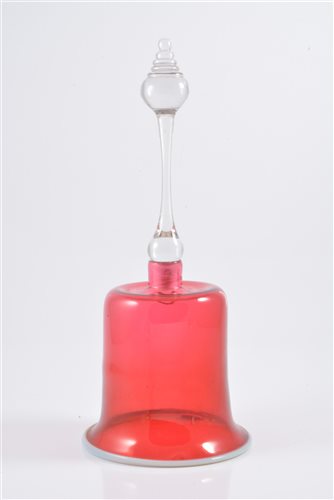 Lot 110 - A cranberry glass bell with vaseline glass rim...