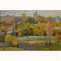 Lot 376 - Russian town landscape, oil on board,...