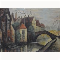 Lot 351A - English School, Canal scene, Bruges, oil on...