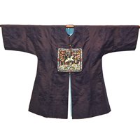 Lot 17 - Chinese dark blue damask long robe,...