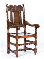 Lot 230 - Joined oak elbow chair, 17th Century style,...