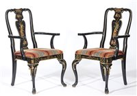 Lot 263 - Pair of Queen Anne style elbow chairs, black...