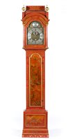Lot 47 - Red lacquered longcase clock, the hood with...