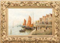Lot 187 - R. Monti, Dutch Harbour scene, signed, on...
