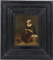 Lot 200 - Follower of Gabriel Metsu, Girl Sewing, oil on...