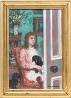Lot 203 - Peter Brannan, 'Girl with Dachshunds', signed,...