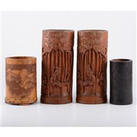 Lot 167 - Chinese bamboo brush pot, carved in low relief,...