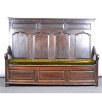 Lot 303 - Joined oak settle, 18th Century, blind...