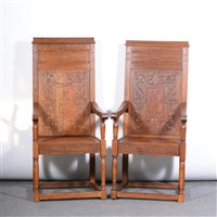 Lot 307 - Pair of contemporary oak Wainscot chairs,...