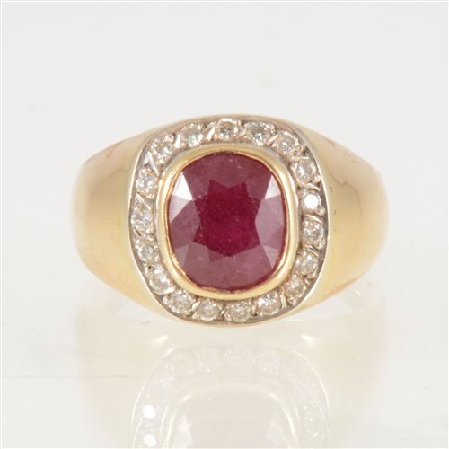 Lot 46 - A ruby and diamond signet style ring, the...