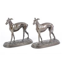 Lot 123 - Pair of French patinated metal greyhounds, in...