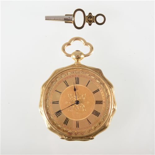 Lot 91 - A small yellow metal open face pocket watch,...