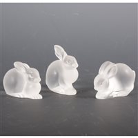 Lot 422 - Lalique Crystal, three glass rabbit...