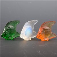 Lot 424 - Lalique Crystal, three glass fish paperweights,...