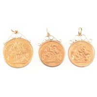 Lot 322 - Three gold coin pendants, a Full Sovereign...