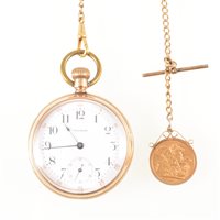 Lot 339 - A Waltham gold-plated open face pocket watch,...