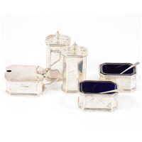 Lot 373 - Five-piece silver condiment set, by Walker &...