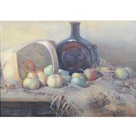 Lot 276 - F. Dobbs, Apple, Still life, pastel on board,...