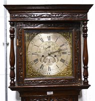 Lot 385 - Oak longcase clock, moulded cornice, the hood...