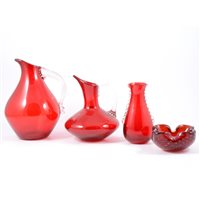 Lot 13 - Whitefriars, six ruby and clear glass jugs,...