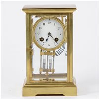 Lot 116 - Brass 'four glass' mantel clock, enamel dial,...