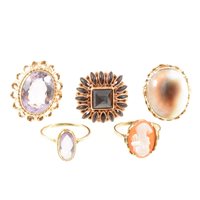 Lot 240 - Five gemset dress ring, amethyst, cameo, conch...