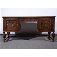 Lot 481 - Oak twin pedestal desk, tooled leather panels...