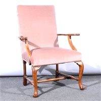 Lot 484 - Stained beechwood elbow chair, upholstered in...