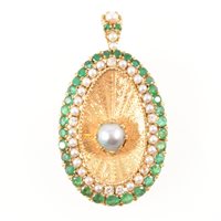 Lot 272 - An 18 carat yellow gold emerald and pearl...