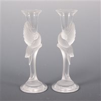 Lot 41 - Pair of French frosted and clear glass candlesticks, ...