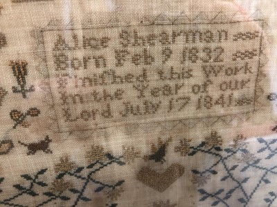 Lot 149 - A Victorian needlework sampler, Alice Shearman, born Feb 9, 1832