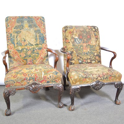 Lot 157 - Two similar George II style walnut armchairs, antique petit and gros point upholstery
